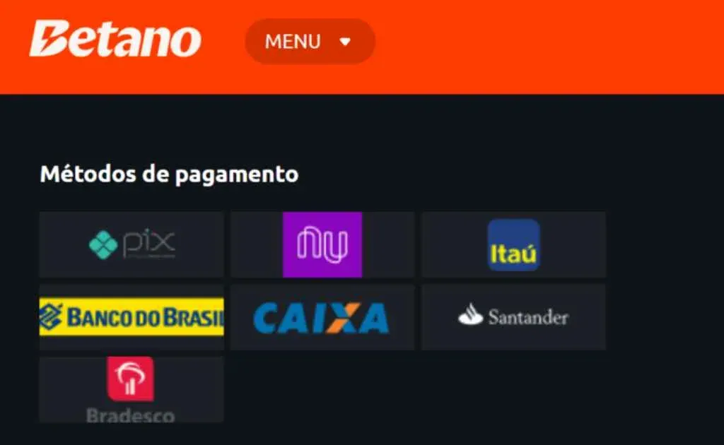 Captura de tela da seção de Métodos de Pagamento da Betano, mostrando opções bancárias brasileiras.